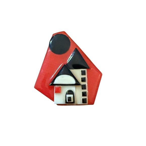Vintage Lucinda House Pin Red Ivory Black Enamel Brooch - Architectural - Picture 2 of 5